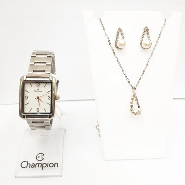 Relógio Champion Feminino Quadrado Prata Analógico + Kit CH22466Q - Imagem 3